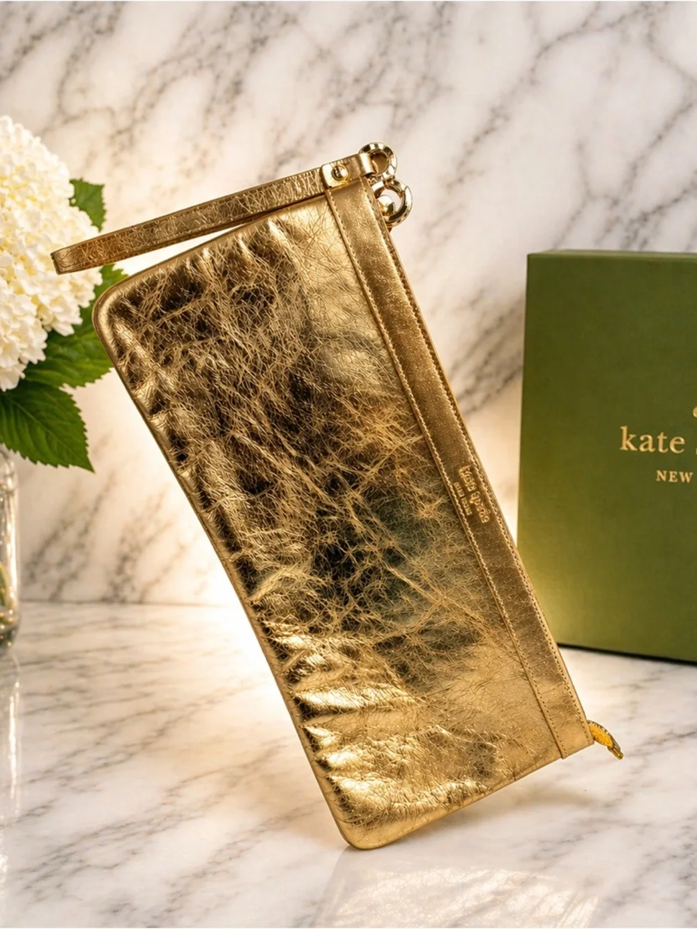 Kate Spade gold crinkled leather clutch/wristlet